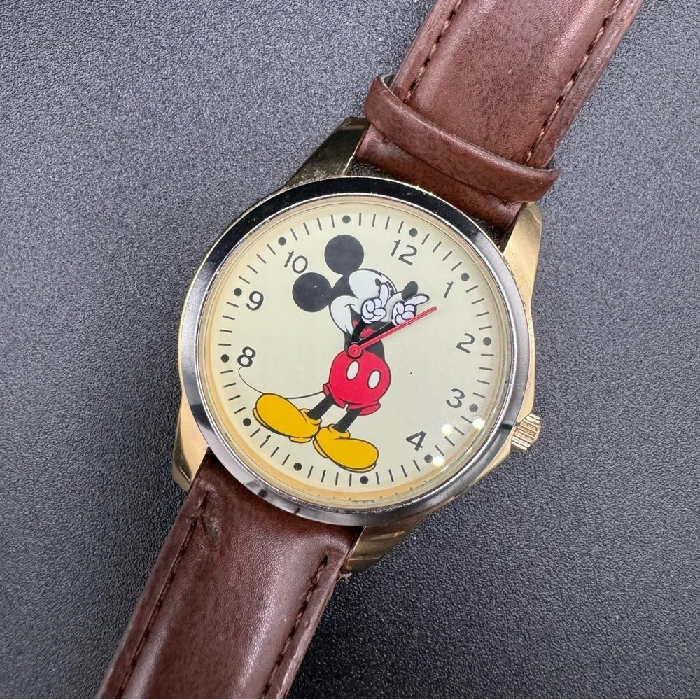 Vintage Mickey Mouse Disney Wide Face Analog Watch with Brown Leather Band - Picture 5 of 16